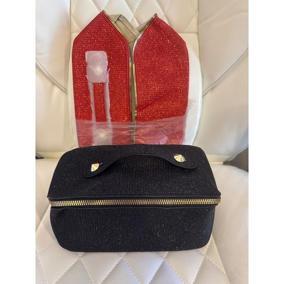 Lot of 2 Sparkly Makeup Bag‎ Travel Cosmetic Organizer Case w Handle Black Red - Picture 1 of 5